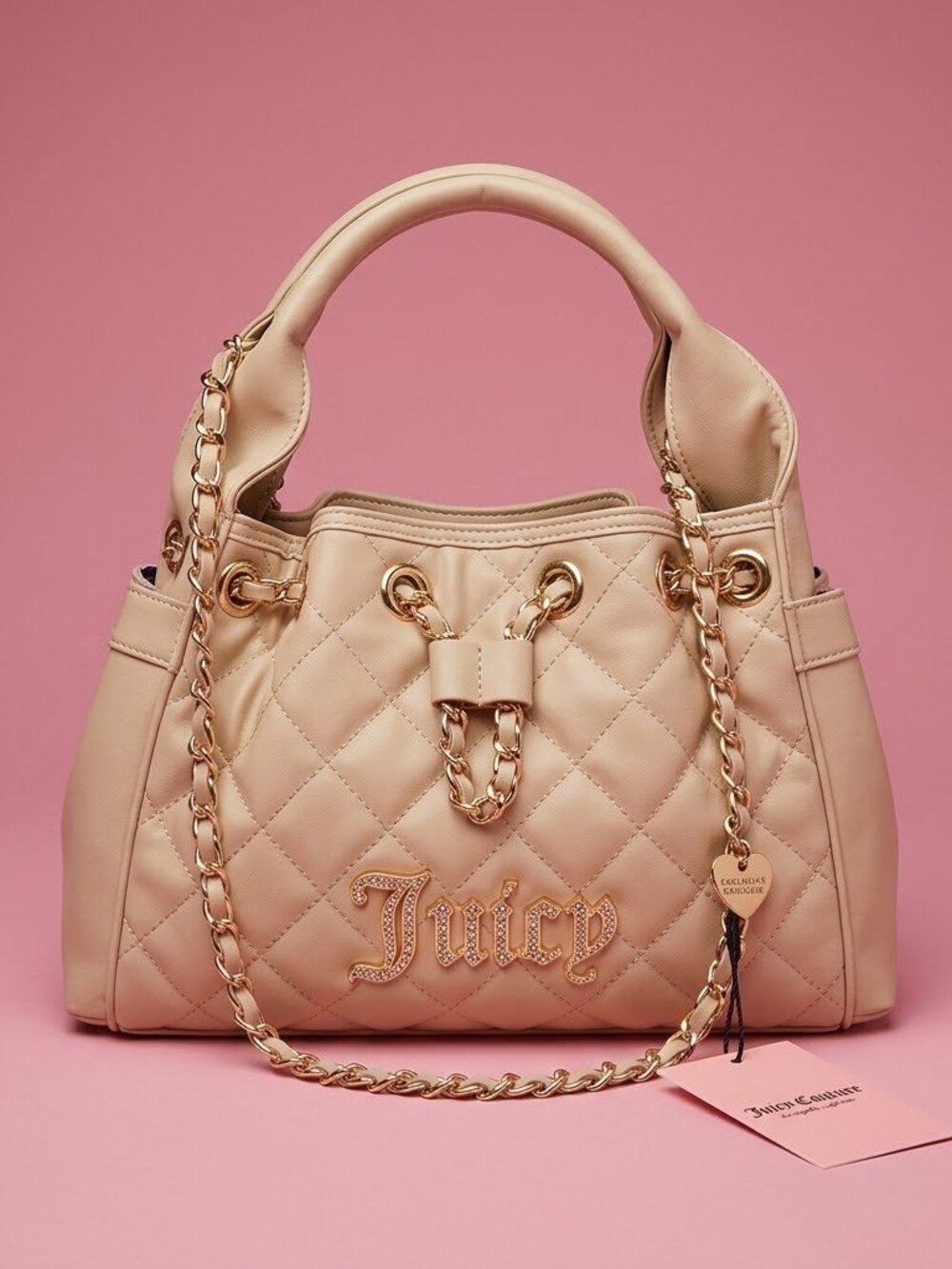 NWT Juicy Couture Beige / Gold Bling Diamond Quilted Bag